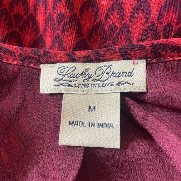 Lucky Brand Red & Black Animal Print Split Neck Blouse Sz Medium Long Sleeves - Picture 8 of 11